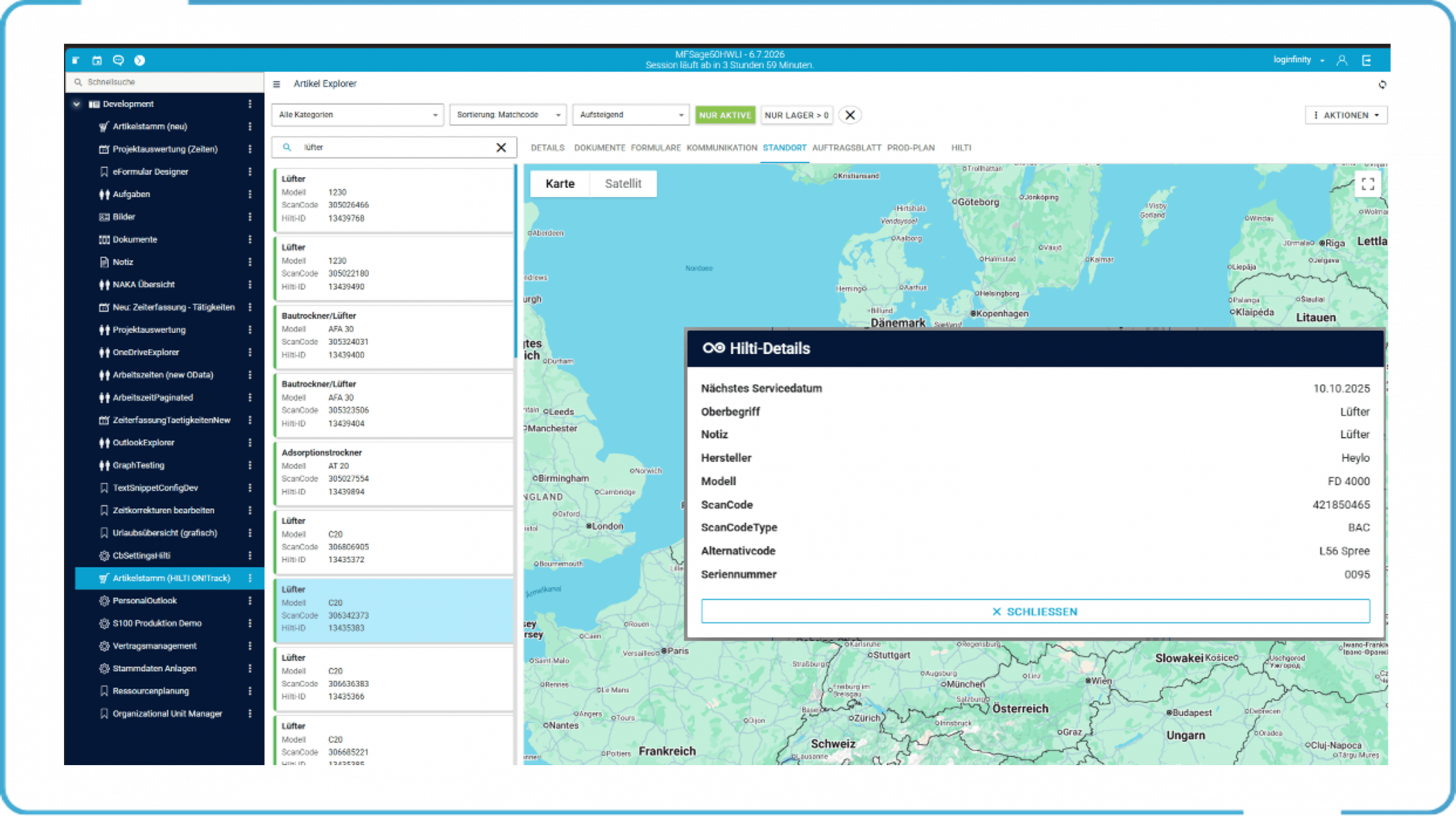 HILTI ON!Track Screenshot HILTI ON!Track Screenshot mit Geräteübersicht und Betriebsmittelverwaltung